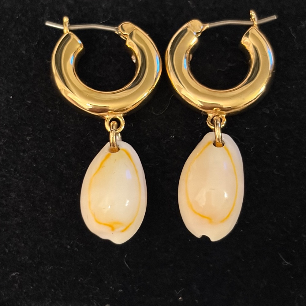 J. Crew Shawna Cowrie shell drop  Huggie hoops.